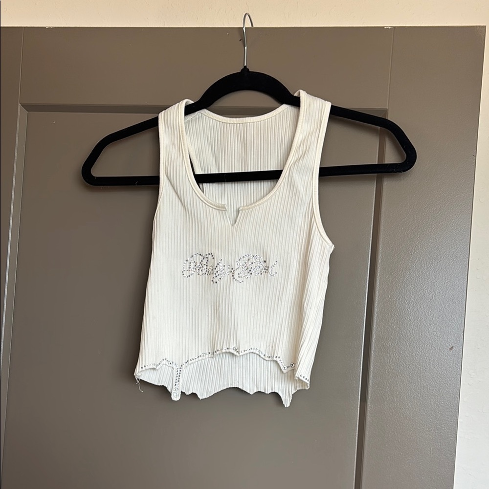 Baby Girl Bedazzled White Ribbed Crop Tank Top